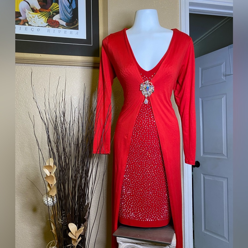 Midi Red Party Dress with rhinestones